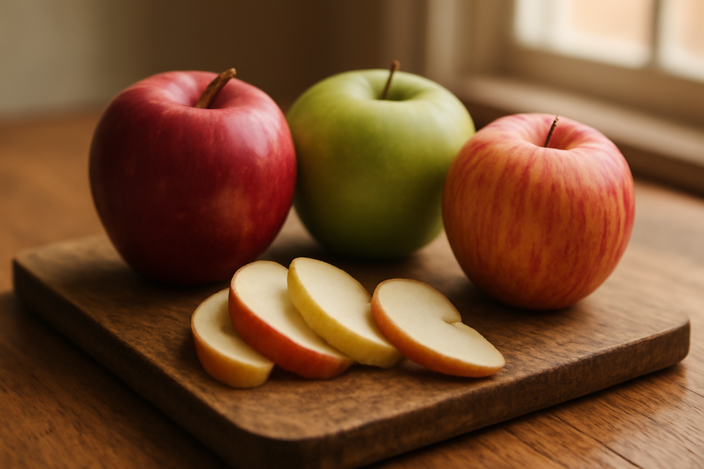 Tiga apel Fuji, Granny Smith, dan Gala di atas talenan kayu