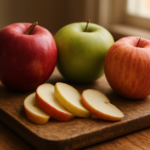 Tiga apel Fuji, Granny Smith, dan Gala di atas talenan kayu