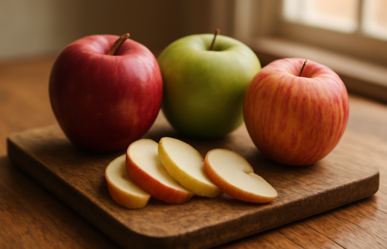 Tiga apel Fuji, Granny Smith, dan Gala di atas talenan kayu