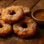 Apel goreng crispy berwarna keemasan di atas piring kayu