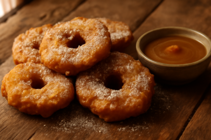 Apel goreng crispy berwarna keemasan di atas piring kayu