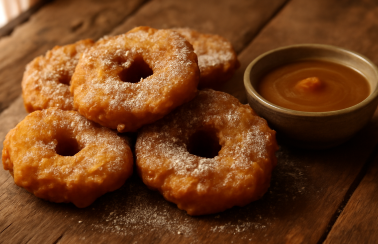 Apel goreng crispy berwarna keemasan di atas piring kayu