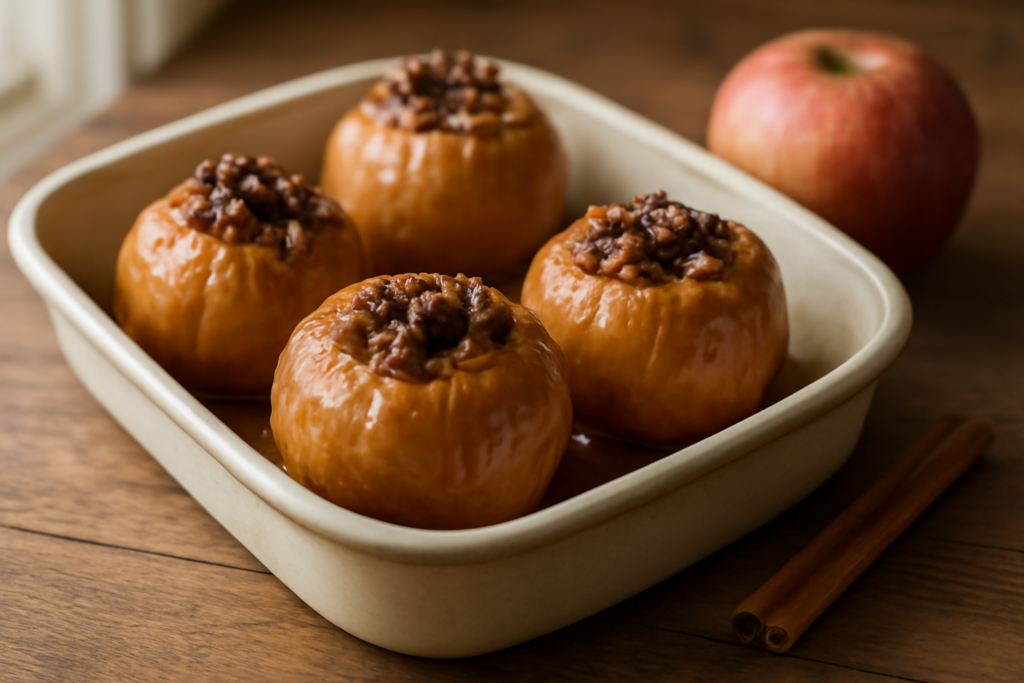 Apel panggang kayu manis dengan saus mentega di loyang keramik