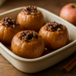 Apel panggang kayu manis dengan saus mentega di loyang keramik