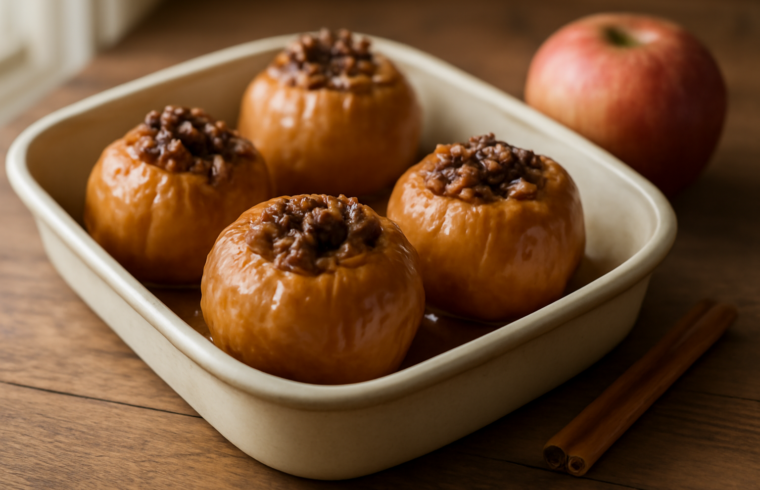 Apel panggang kayu manis dengan saus mentega di loyang keramik