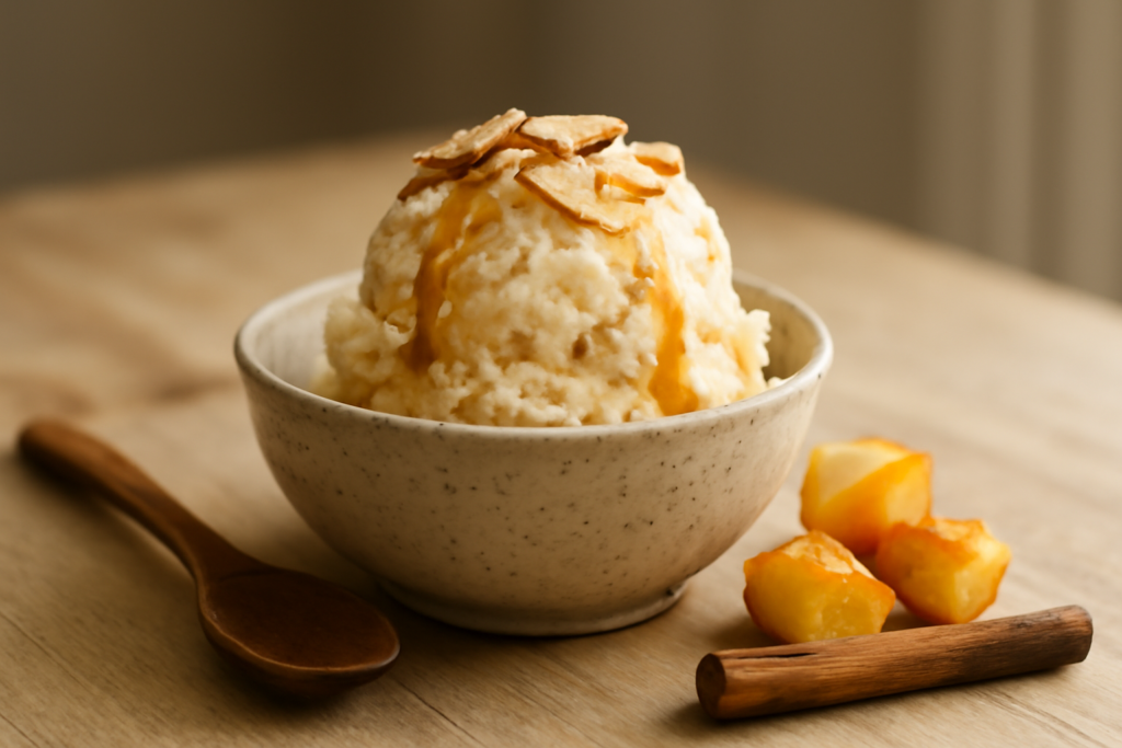 Semangkuk es krim apel panggang dengan taburan almond dan saus karamel tipis