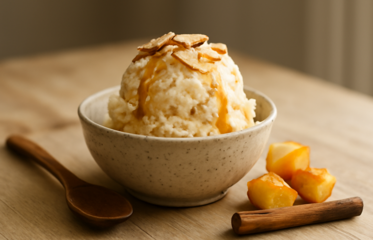 Semangkuk es krim apel panggang dengan taburan almond dan saus karamel tipis